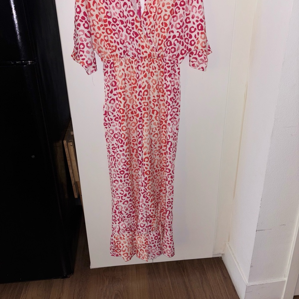 Red, White and Pink Leopard Print Maxi jumpsuit.